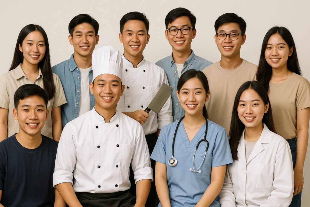Junge vietnamesische Auszubildende in Deutschland – unter anderem in Pflege, Gastronomie und Handwerk – lächeln gemeinsam in die Kamera. Ein Projektbild von vinlora.