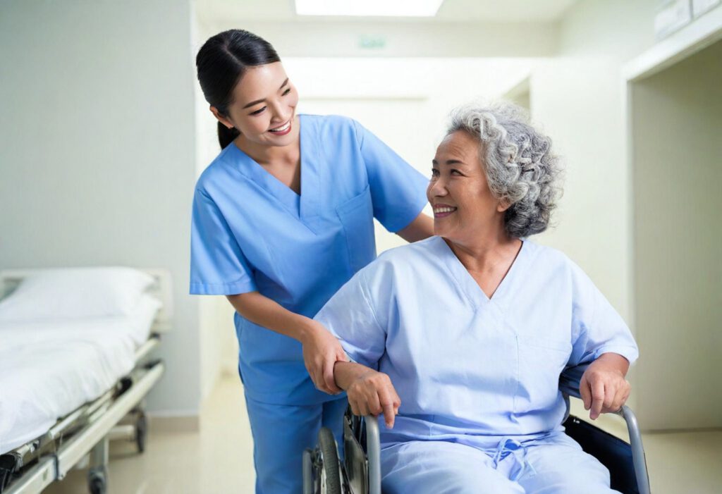Junge vietnamesische Pflegekraft schiebt eine ältere Patientin im Rollstuhl durch ein Krankenhaus – eine Szene aus dem Pflegealltag im Rahmen von vinlora.