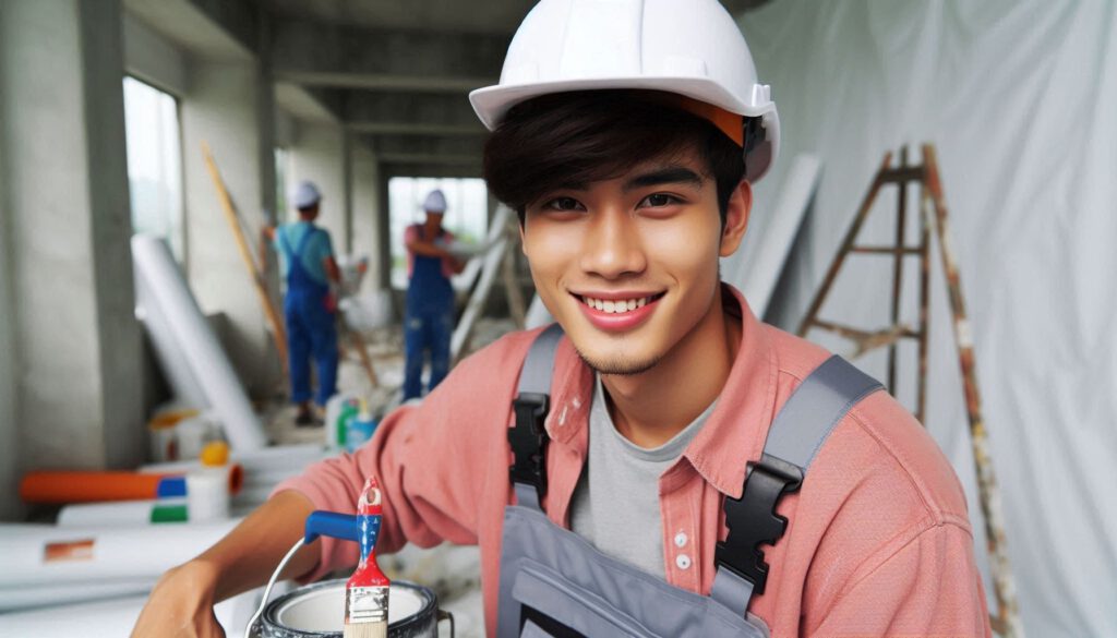 Junger vietnamesischer Maler-Azubi mit Schutzhelm lächelt auf einer Baustelle in die Kamera – ein Projektbeispiel aus dem Handwerksbereich von vinlora.